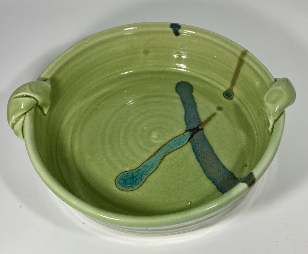 Studio Pottery Green Hand Thrown Casserole Dish Signed Ken 2000