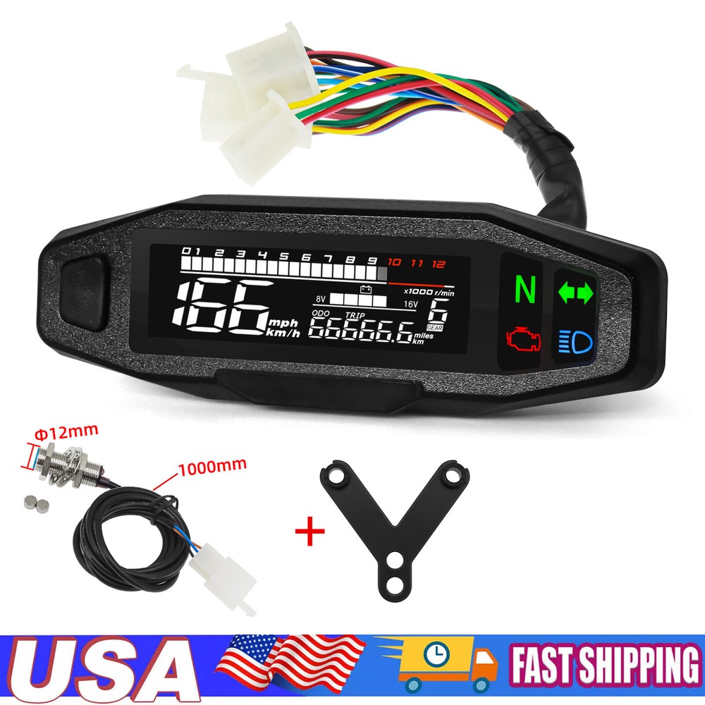 LCD Digital Motorcycle Speedometer Odemeter Tachometer Gear Indicator w/ Bracket