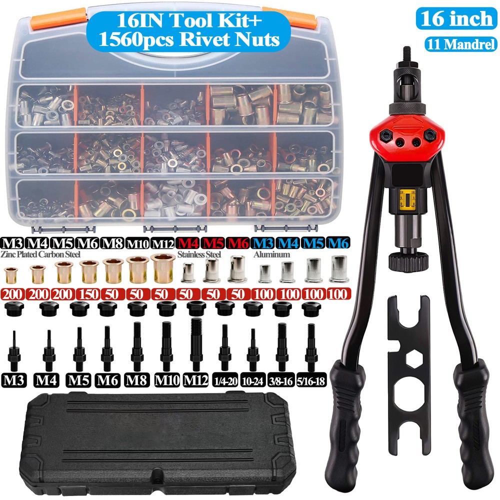 16" Rivet Gun Thread Nut Setter Tool NutSert Insert Mandrel Metric&SAE 1560 Nuts