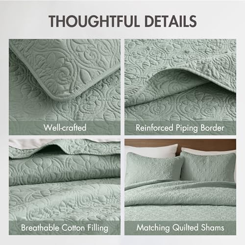 Quebec Reversible Quilt Set Damask Design, Double Sided Stitching Full Seafoam