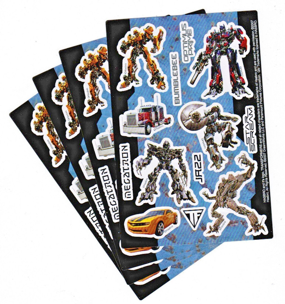 4 Sheets TRANSFORMERS Stickers! Optimus Prime Bumblebee Megatron JAZZ