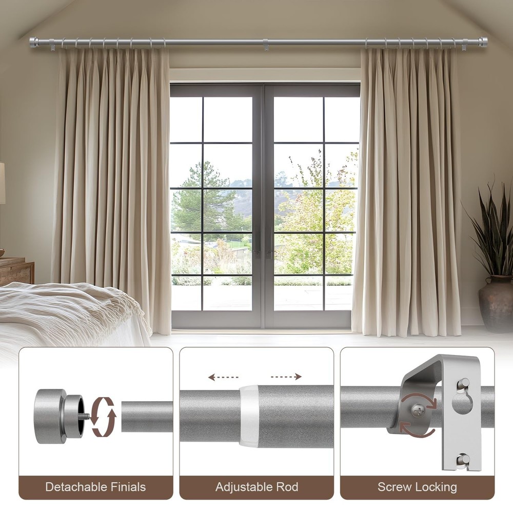 2 Pack Modern Silver Curtain Rods Set for Windows 28 to 48 Inches Adjustable ...