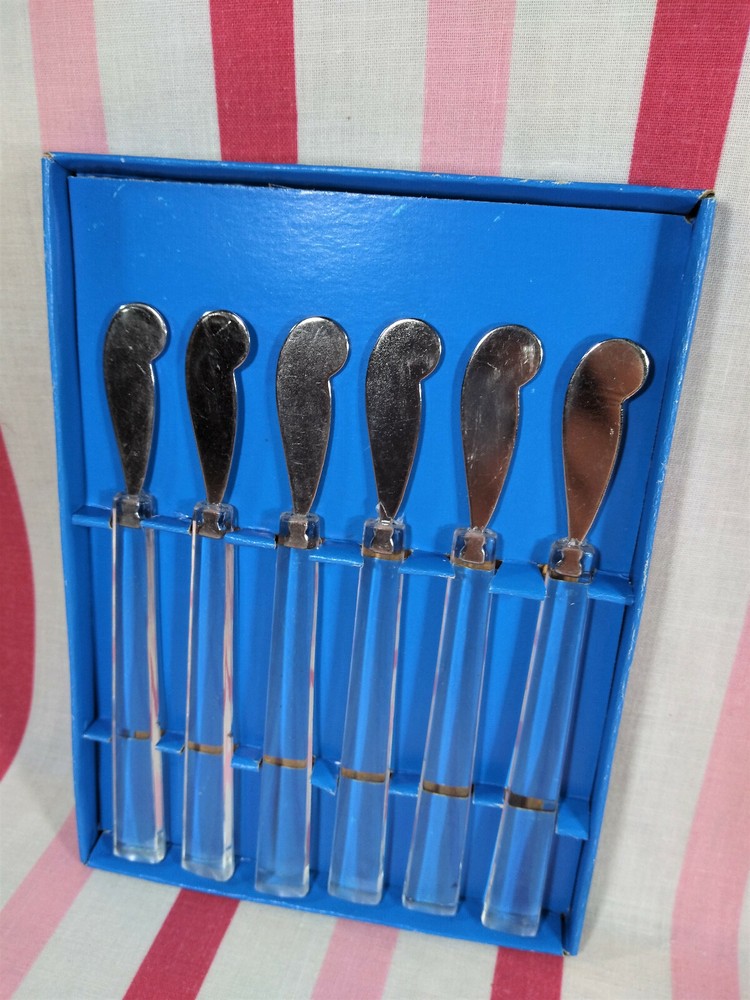 Mid Century MoDern 6pc Lucite Handle Appetizer Spreaders + Box Stainless Taiwan