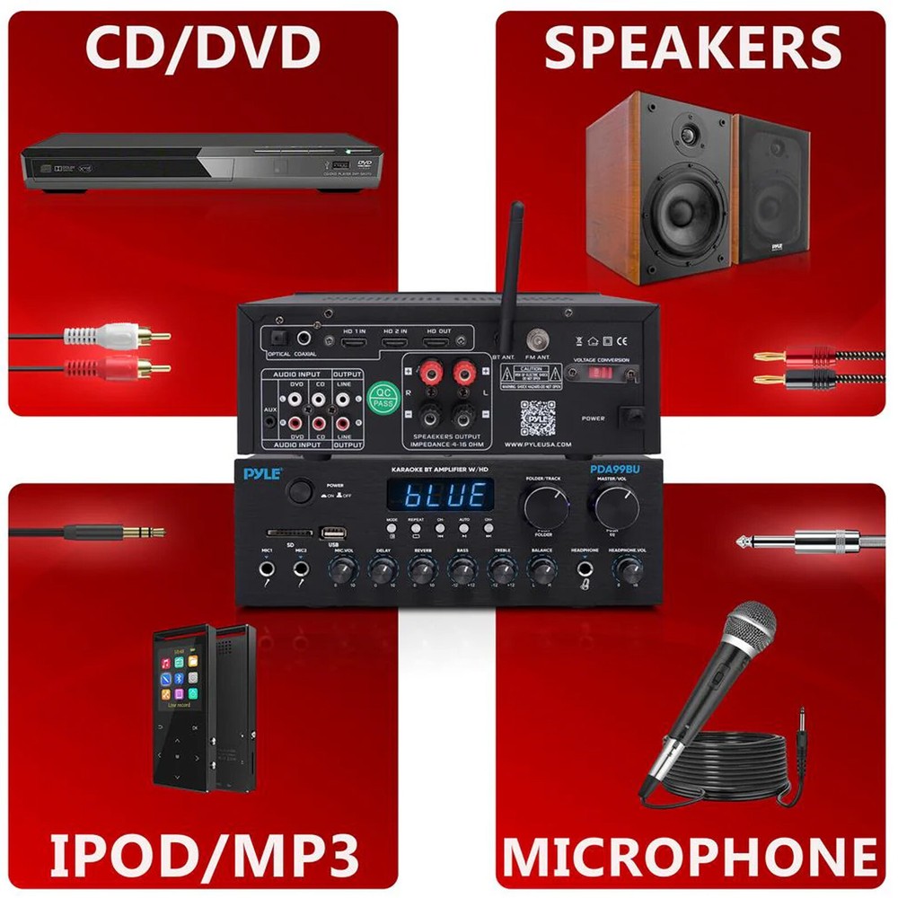 Pyle PDA99BU 2-Channel Home Audio Bluetooth Receiver, 2x 3.5" 200W Speaker,Wire