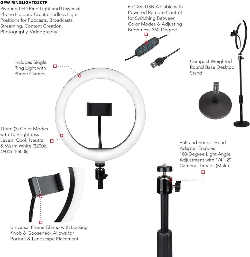 Gator Frameworks 10-Inch Ring Light Round Base Desktop Stand W/ Phone Clamp