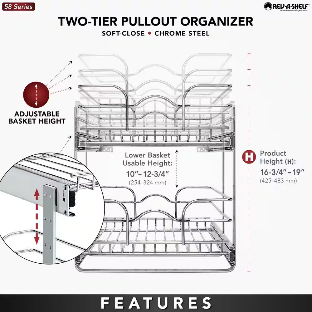 Chrome Steel 15 In. 2-Tier Pullout Basket with Soft-Close