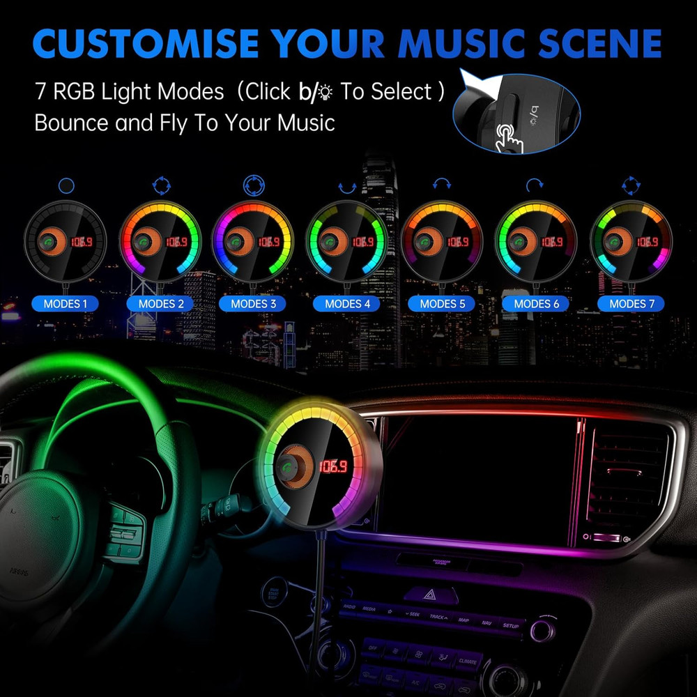 Bluetooth Car FM Transmitter QC3.0 Fast Charge LED HiFi Bass USB TF Handsfree