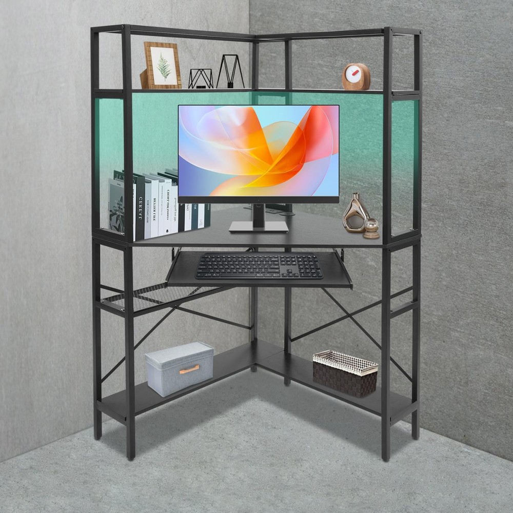 Black Corner Desk, Corner Computer Desk with Power Outlets, Home Computer Desk.