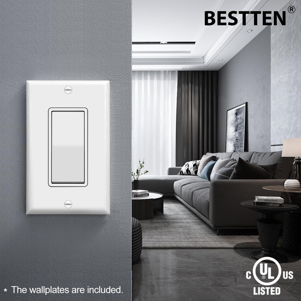 BESTTEN 10 Pack Single Pole Decorator Light Switch with Pole, white