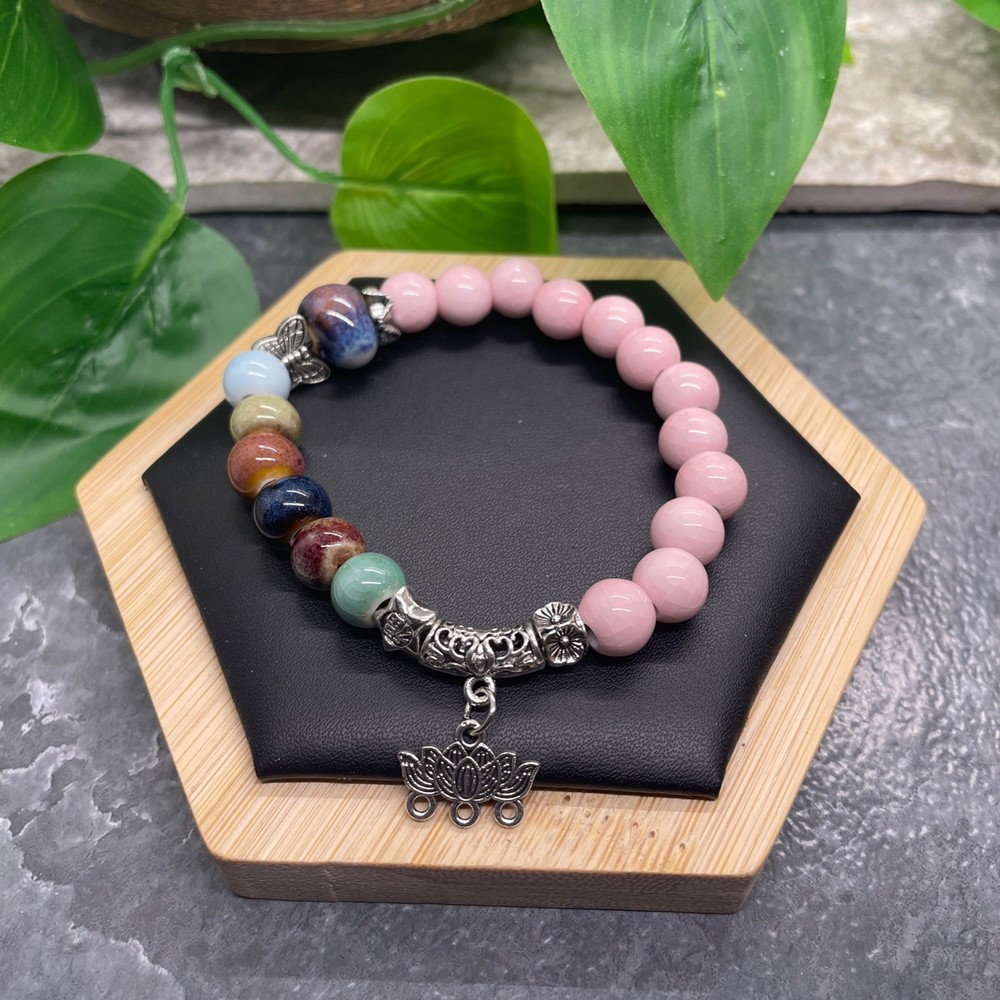 Handmade Ceramic Bead Beaded Stackable 6.5” Plus Stretch Bracelet New B521