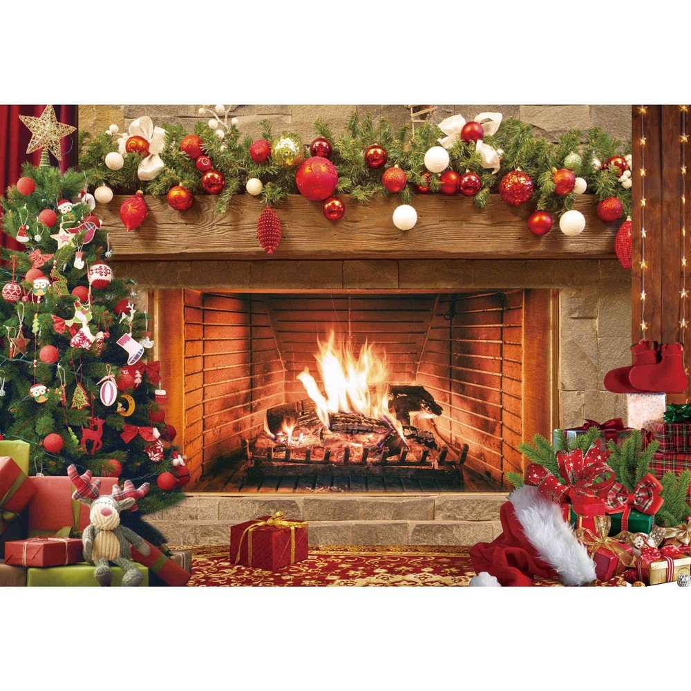 7x5ft Polyester Fabric Christmas Fireplace Backdrop Vintage Xmas Tree Sock Ba...