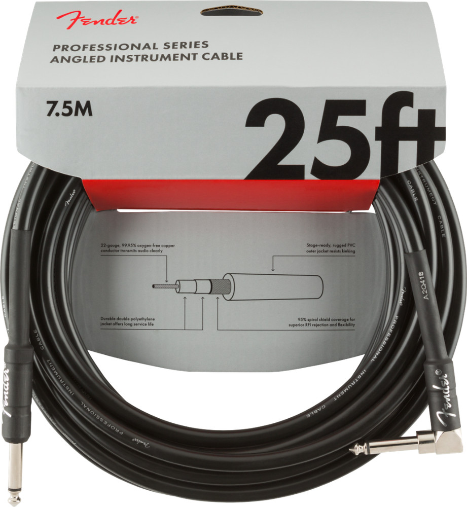 Fender Professional Series Instrument Cables, Straight/Angle, 25', Black