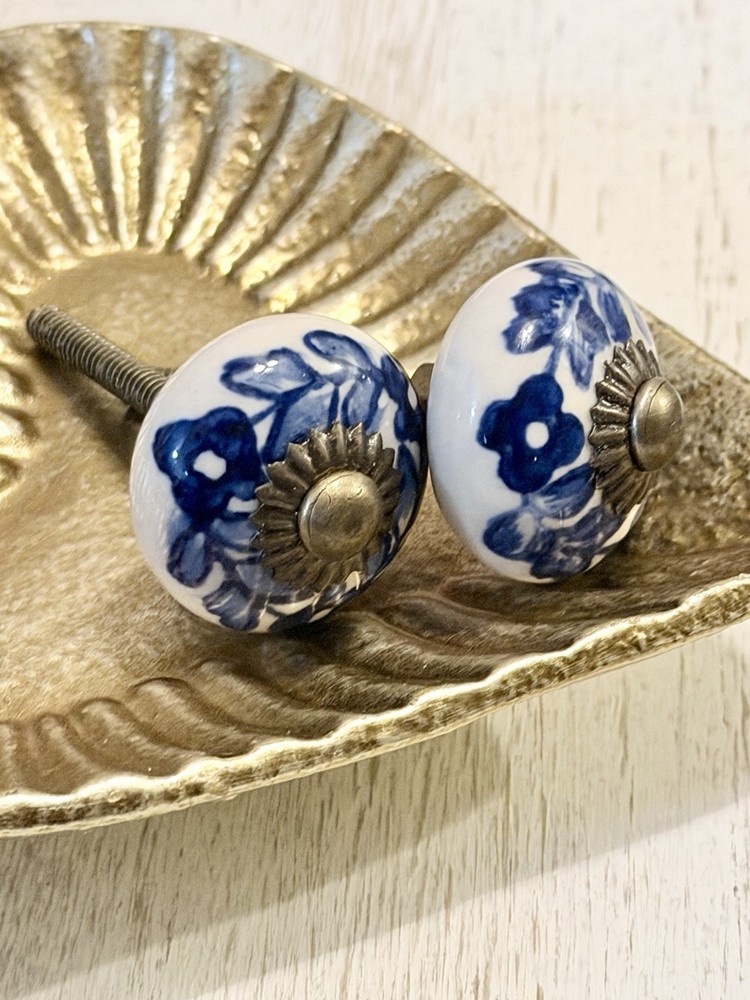 2 White Blue Antique Ceramic Porcelain Brass Drawer Cabinet Knobs Pulls 1.25"