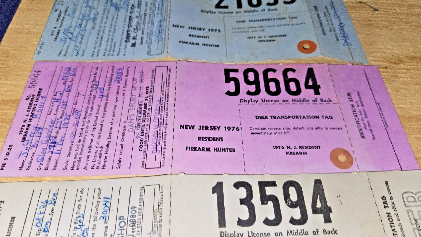 Lot 7 Deer Licenses Tags New Jersey State Big Game Firearm Bow Hunter 1975-1979