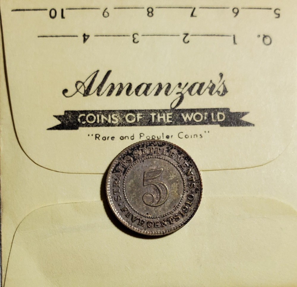 Straits Settlements 1910B Y20a 5 Cents VF+