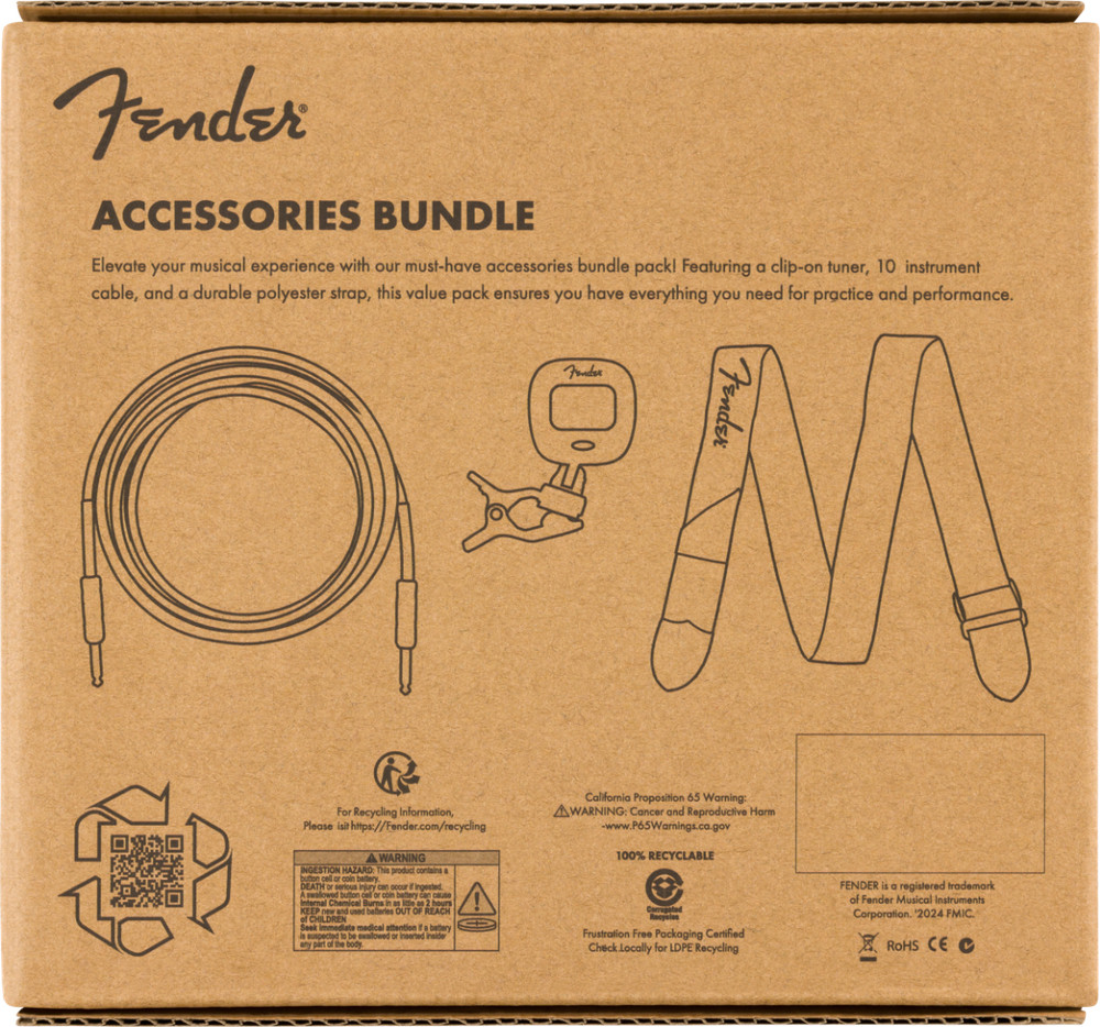 Genuine Fender Accessories Bundle Pack -- Cable, Tuner, Strap MODEL #0992018005