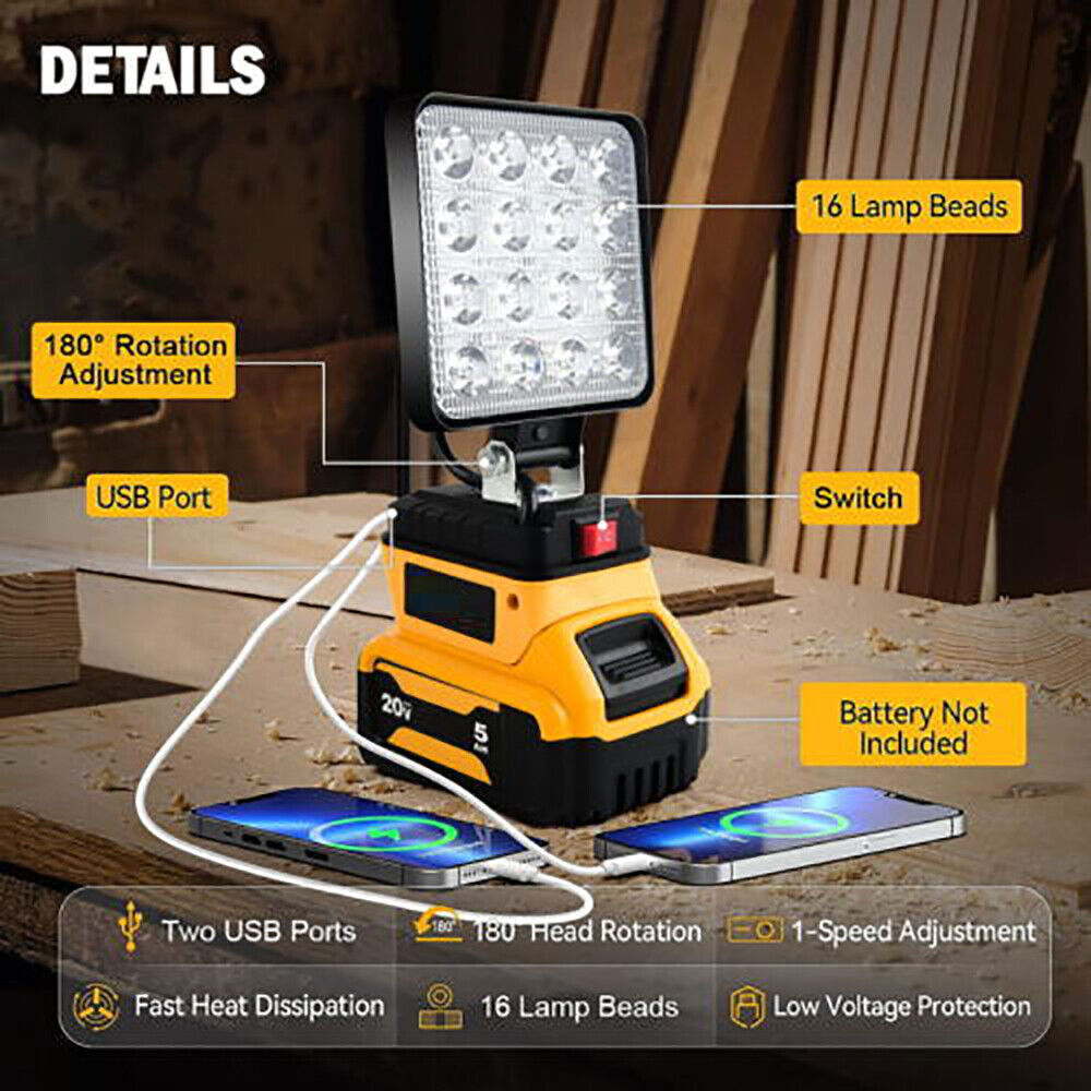 For Dewalt 20V Battery LED Work Light Flood Light Torch 2 USB Workshop Camping
