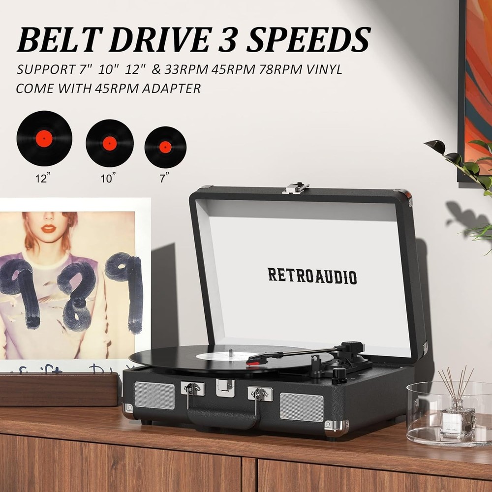 Vinyl Record Player 3-Speeds Bluetooth Portable Suitcase Belt-Driven Record Play