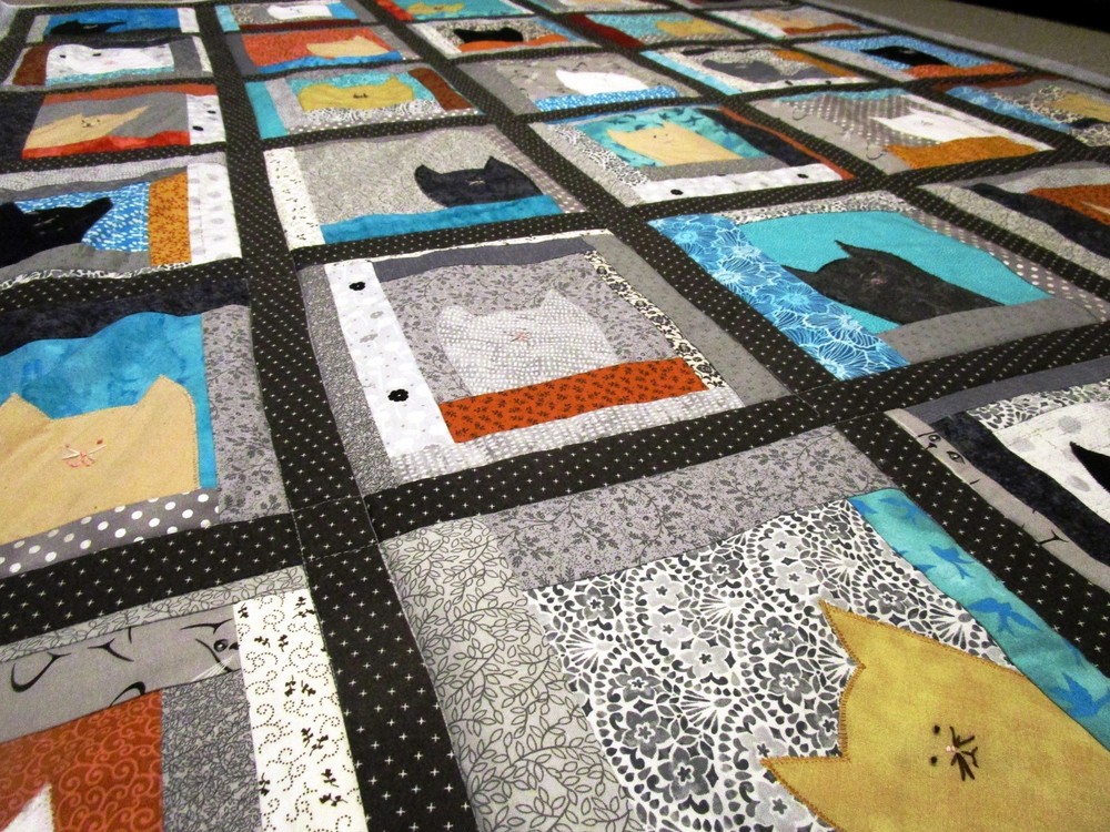 New Handmade Kitty Cat Patchwork Quilt Hand Embroidered Machine Quilted Blanket