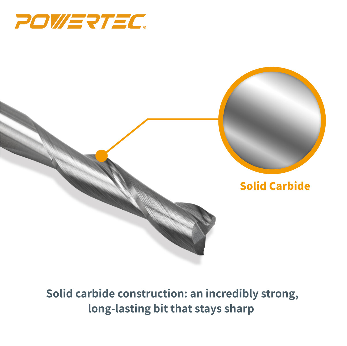 POWERTEC Solid Carbide Router Bit w/ Spiral Up Cut, 1/4" Shank x 1/4 Dia (73002)