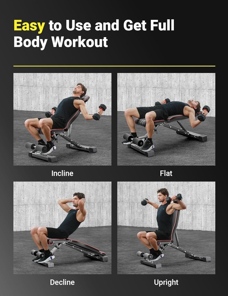 Adjustable Weight Bench, 827LB Foldable Workout Bench with Extended Head/Neck Pr