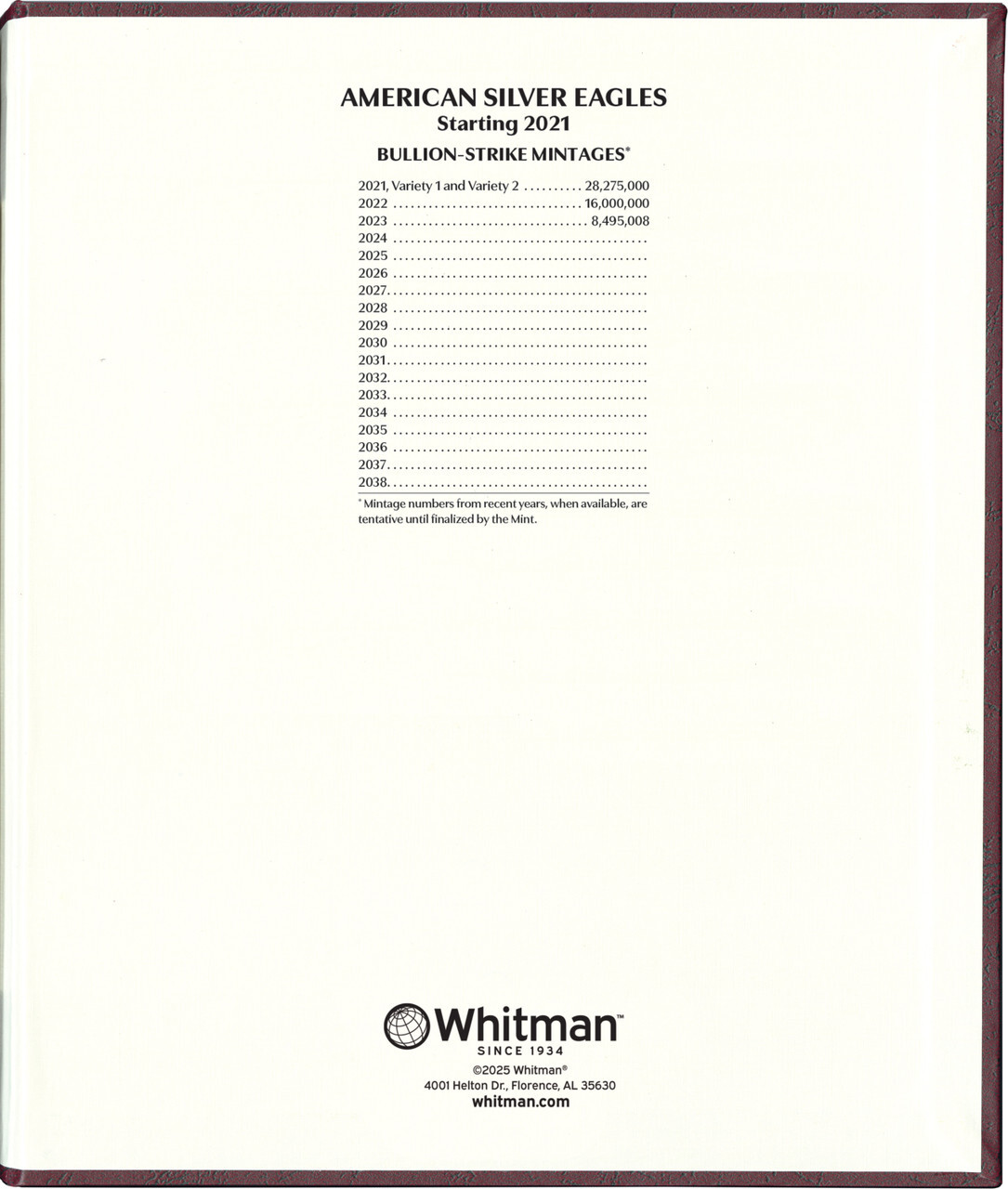 Whitman Prestige™ Coin Album - American Silver Eagles: Starting 2021 Date Set