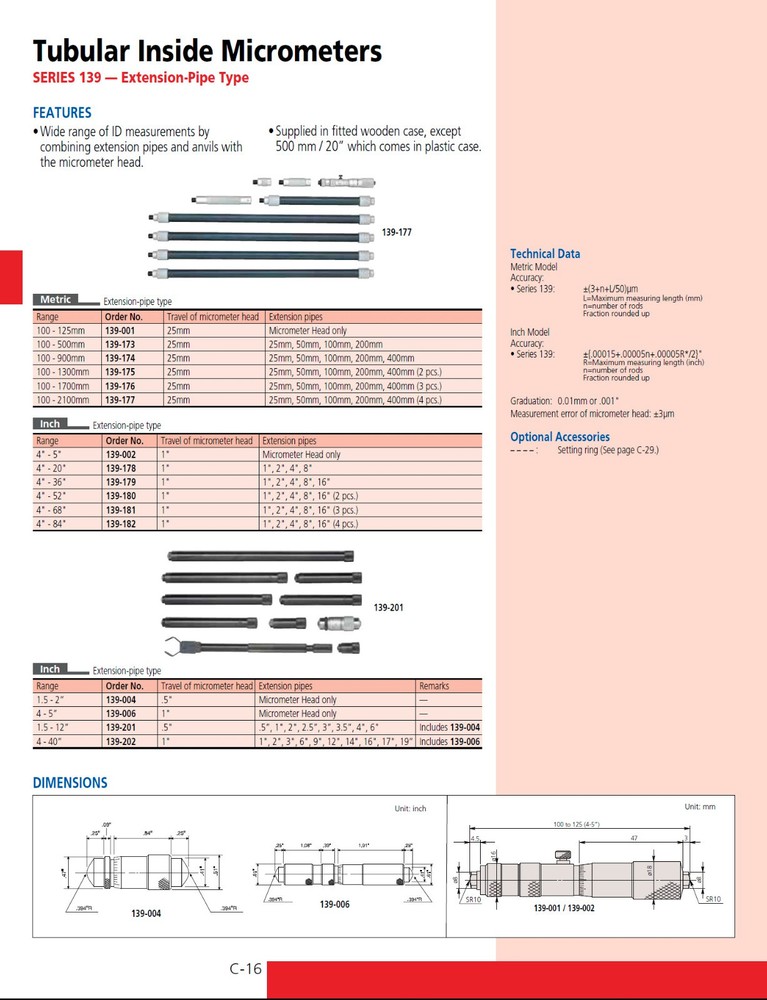Mitutoyo 139-202 - Tubular Inside Micrometer Ext Pipe Type 4"- 40"