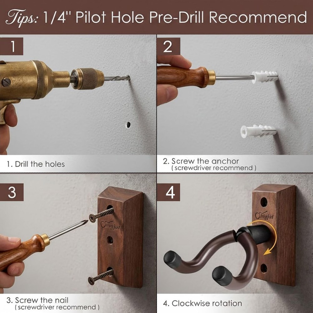 Quick Install Solid Wood Guitar Hanger Set - Perfect for Home & Studio Displays
