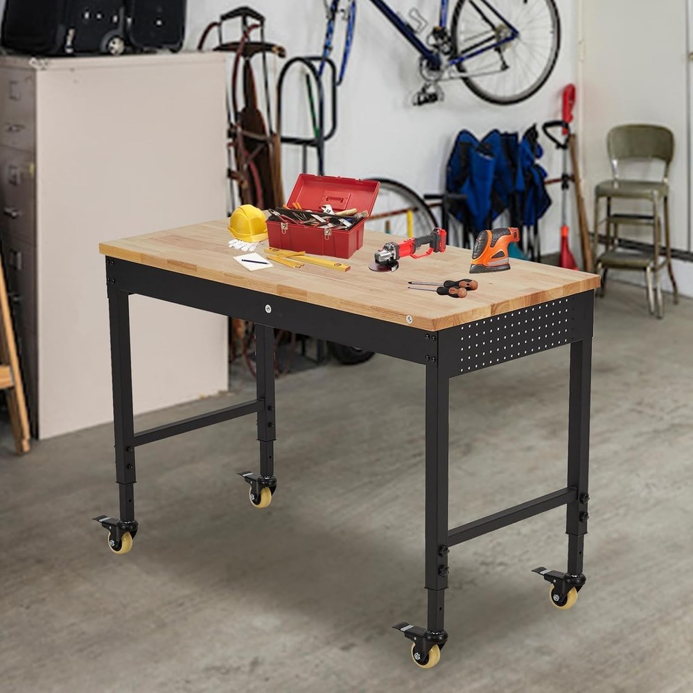 48" x 24" Adjustable Workbench Rubber Wood Top, Adjustable Height Worktable Wood