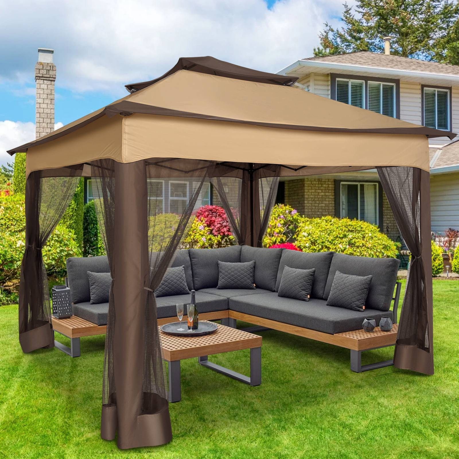 11x11FT Patio Gazebo with Mosquito Netting Outdoor Heavy Duty Party Canopy Tent