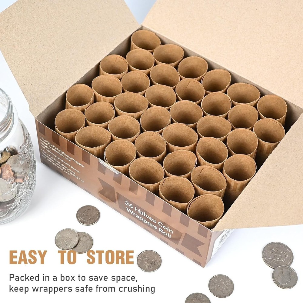 Durable 36 PCS Brown Coin Wrapper Rolls - Safe and Efficient Half Dollar Storage