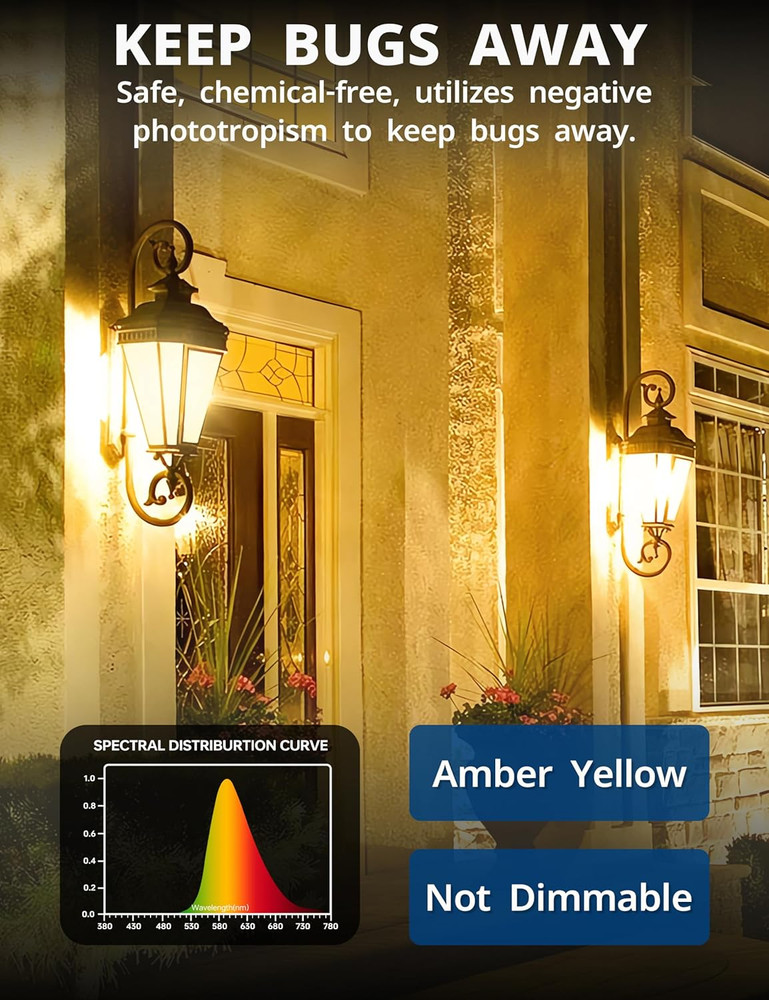 Yellow Bug Light Bulbs Outdoor, A19 LED 9W Amber Yellow, E26 Base, 4 Pack