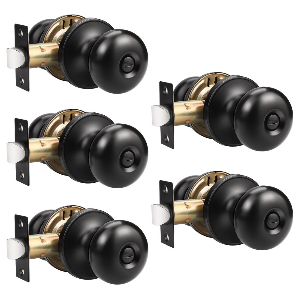 GOBEKOR 5 Pack Matte Black Privacy Door Knobs Stainless Steel Keyless Interio...