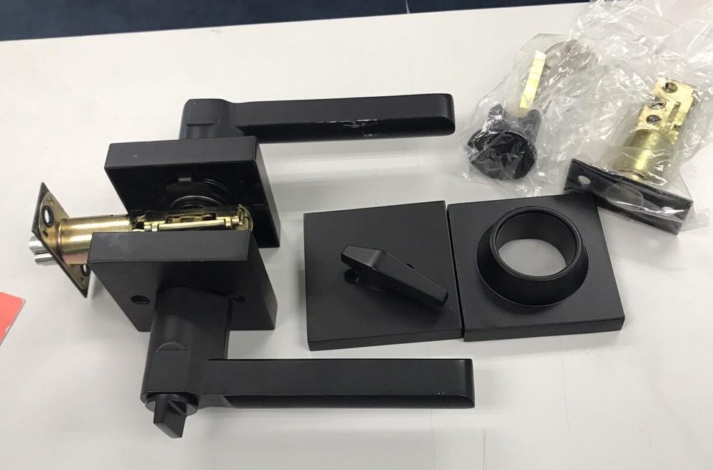 Black Front Entry Door Handle Lock Set Square Keyed Alike Single Deadbolt Lever