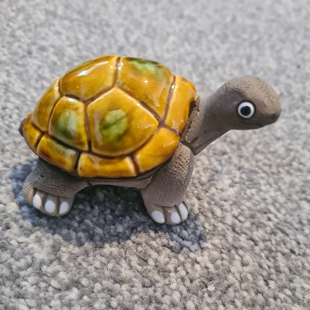 Clay Pottery Turtle Tortoise Signed S.N. Green Yellow Shell Redware Ecuador