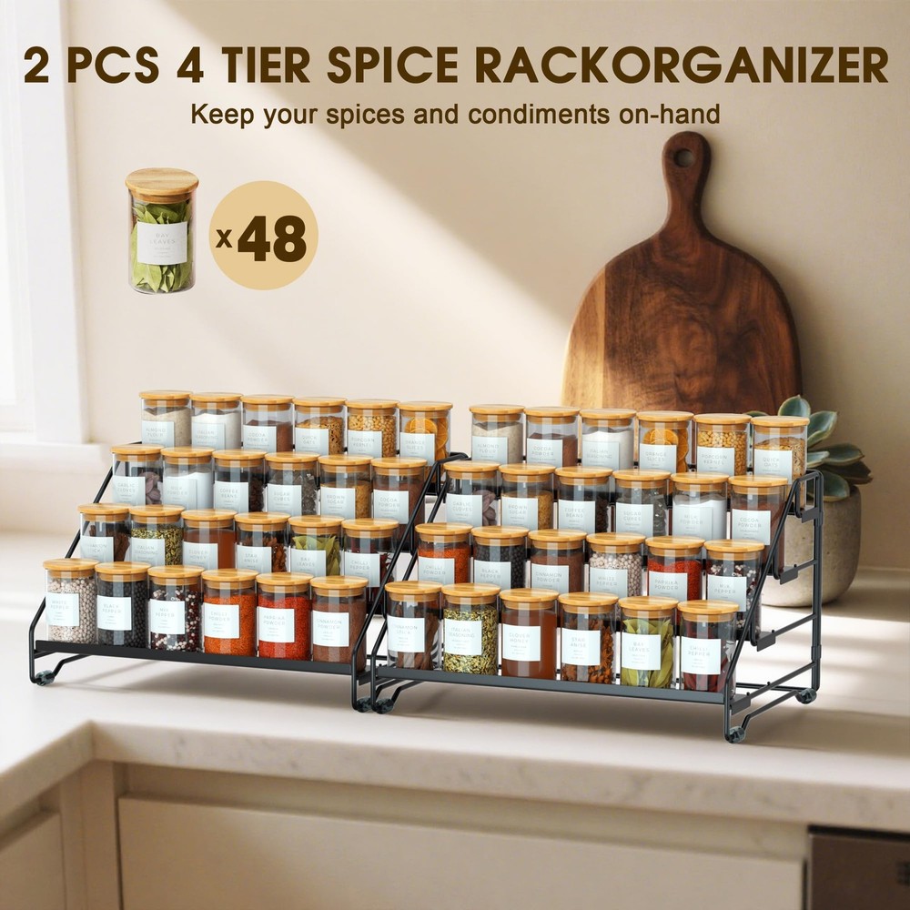 4Tier Spice Rack Organizer Depth Adjustable Step Shelf Metal Cabinet 2 PCS