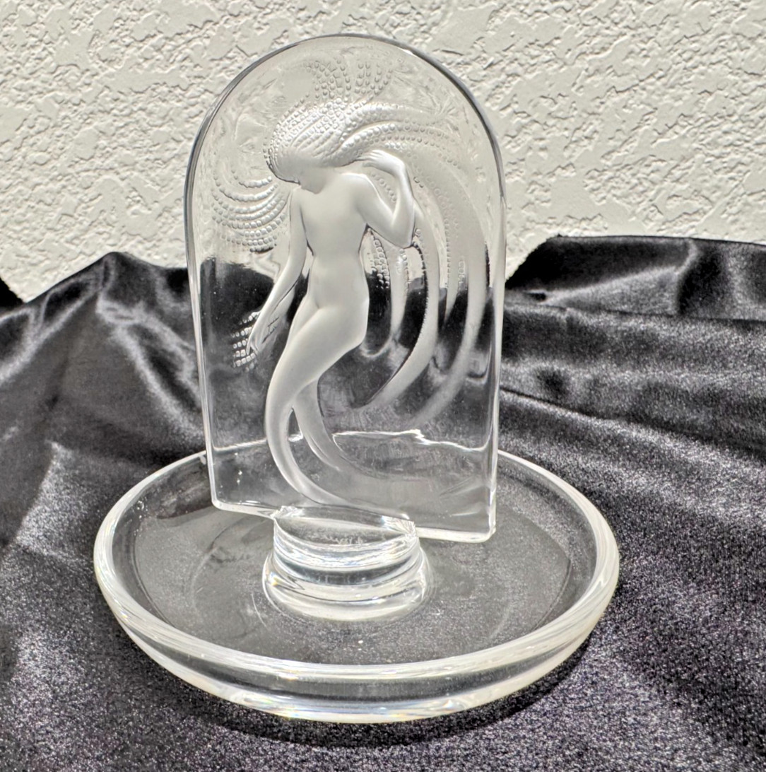 Lalique Naiade Water Nymph Nude Mermaid Pin Ring Tray Dish 4" French Glass Round