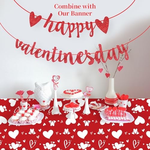 2 Pack Valentines Tablecloth - Heart Valentines Table Cloth, Plastic Red