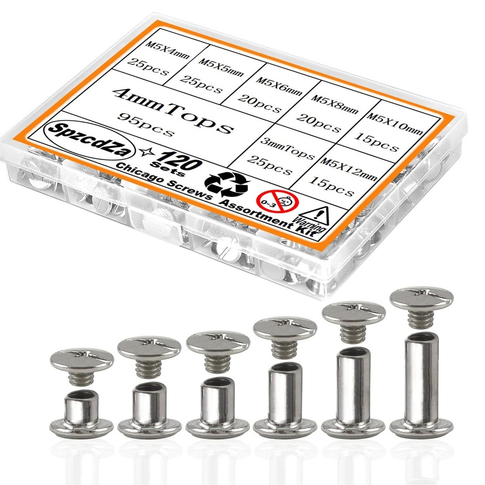 Chicago Screws Kit 120 Sets 6 Sizes Screw Rivets Silver Binding M5 Mixed
