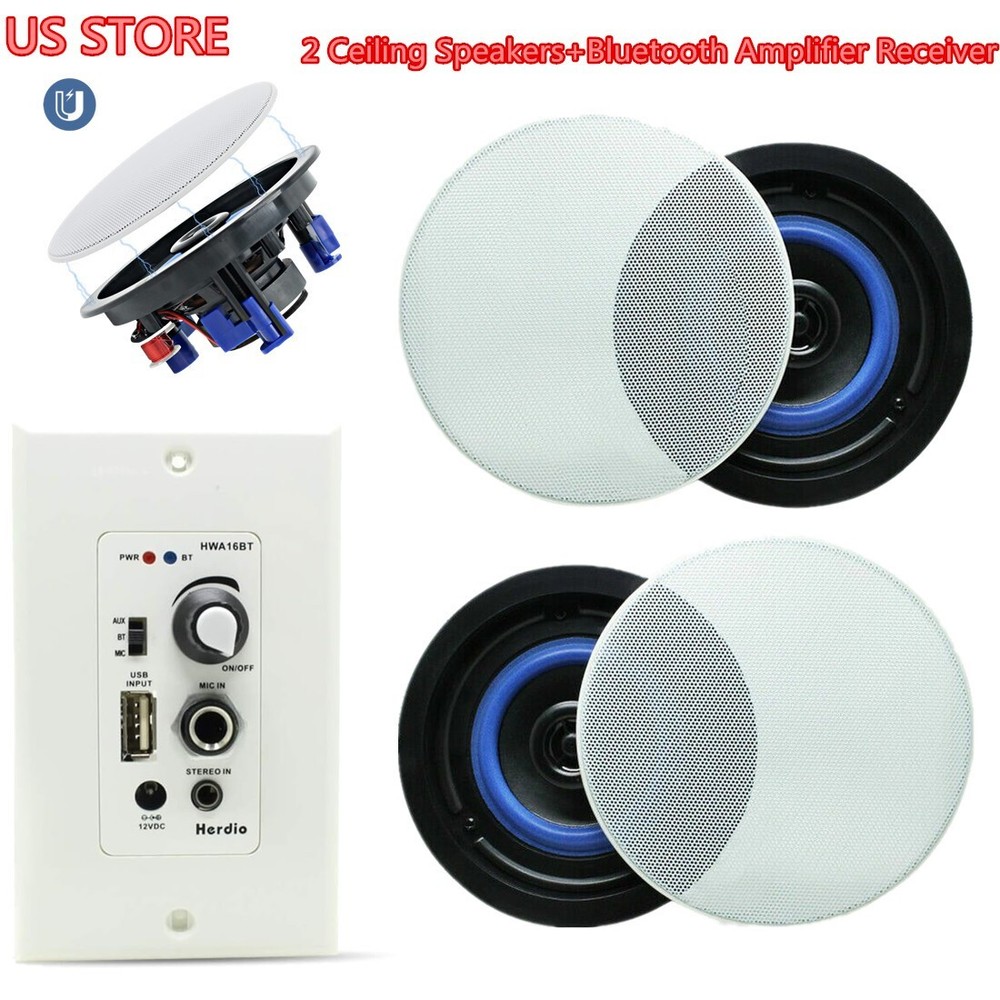 2PCS Herdio Ceiling Speakers 2-Way Flush Mount Wall+Bluetooth Amplifier Receiver