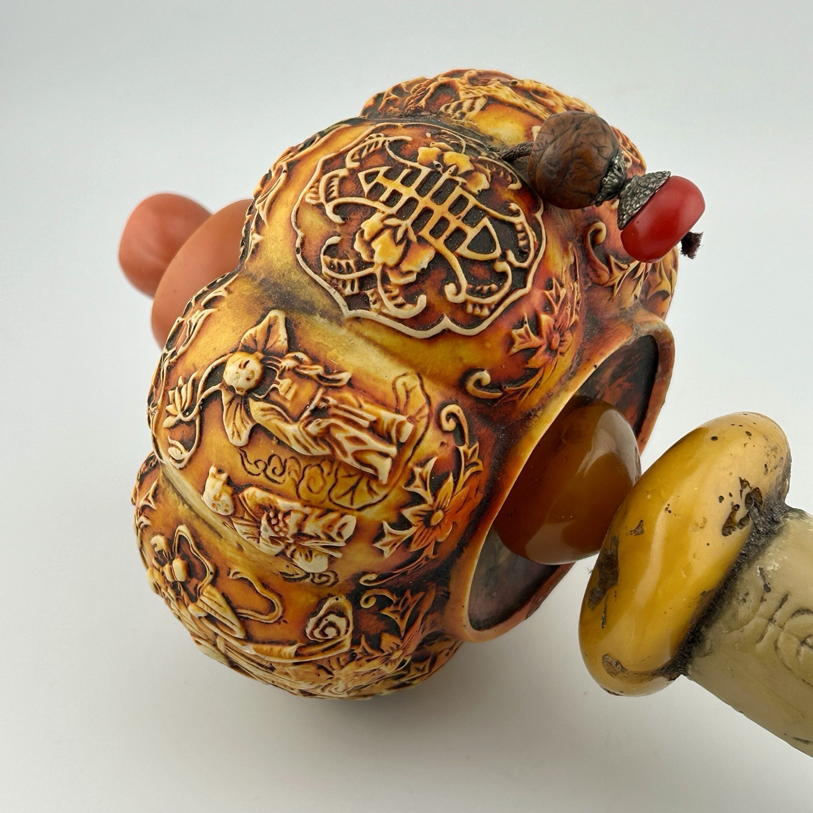Tibetan Buddhist Prayer Wheel Resin Faux Coral, Bone, & Amber Handheld 1970s VTG