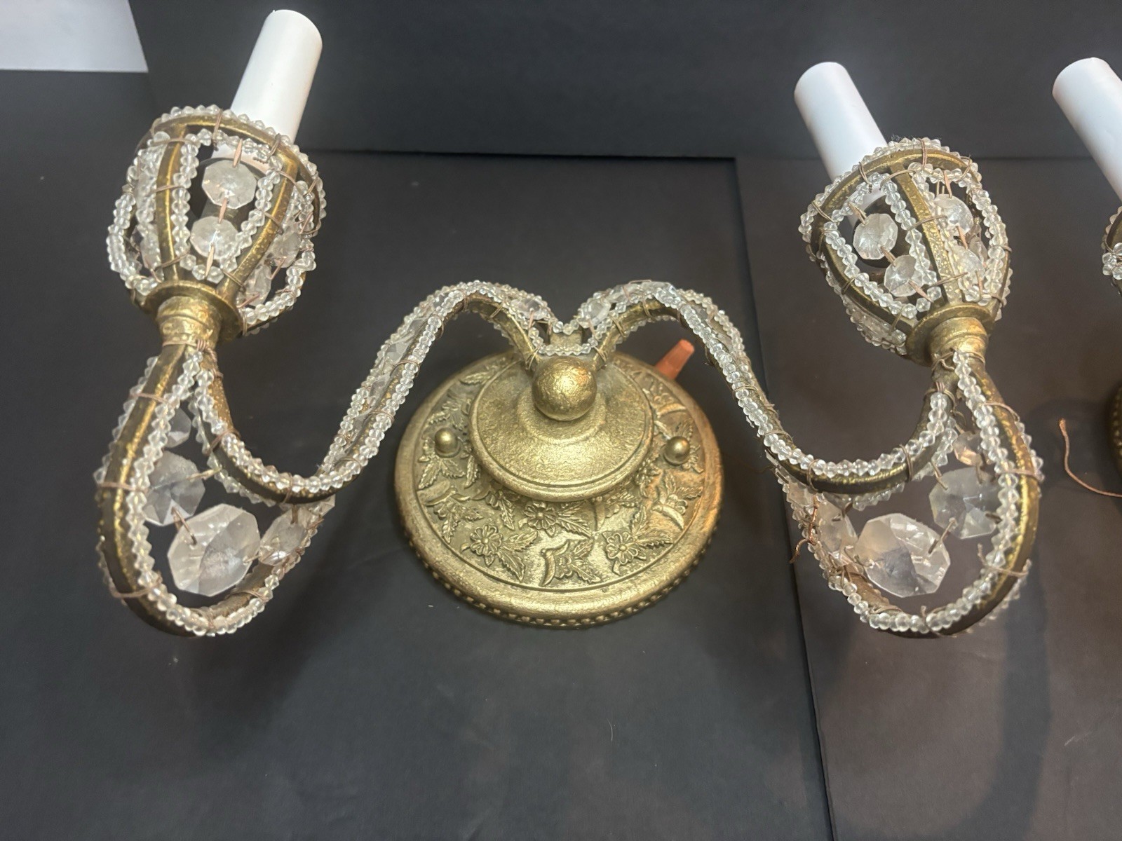 Pair Double Arm Wall Sconces Crystals Beaded Antique Style