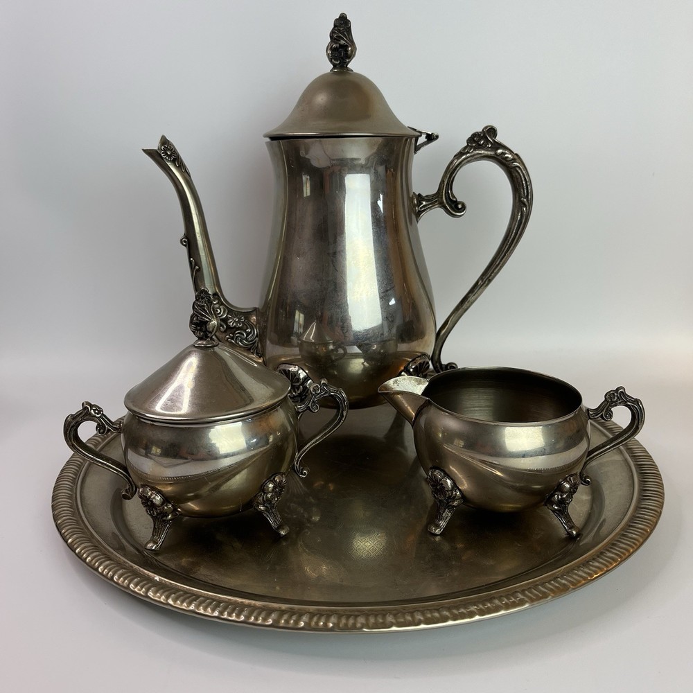 VINTAGE INTERNATIONAL SILVER CO TEA SET SILVER PLATED TEAPOT CREAM & SUGAR, TRAY