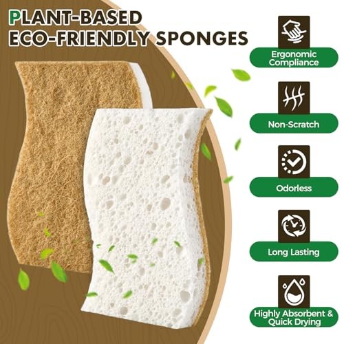 12 Pack Natural Biodegradable Kitchen Non Scratch Sponges,Compostable Plant