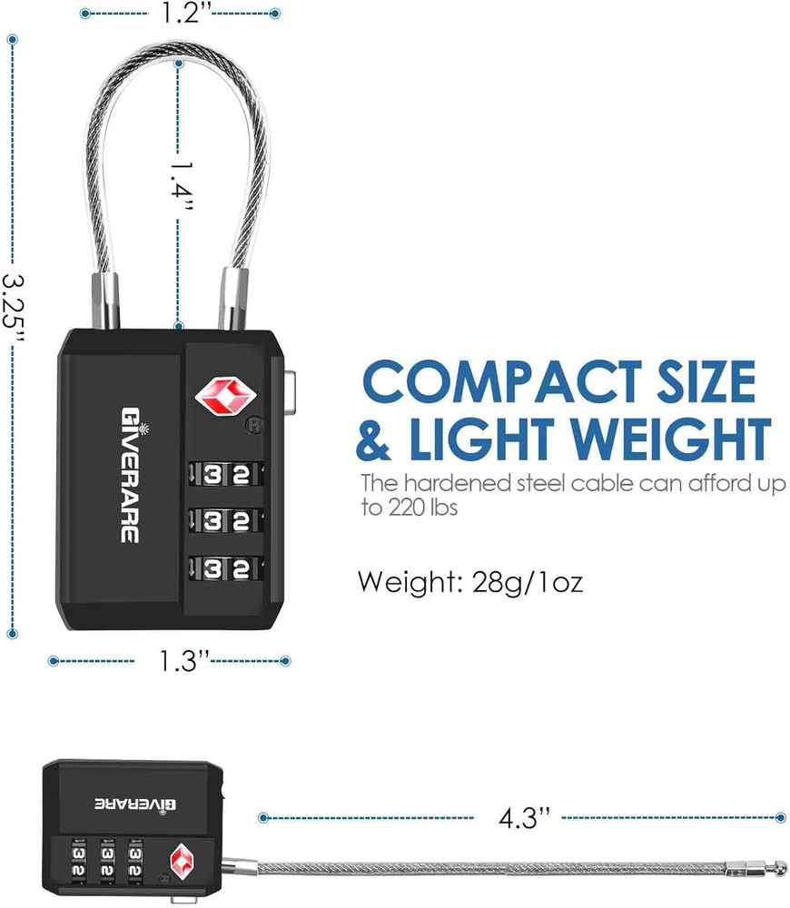 2 Pack TSA Accepted 3-Digit Cable Luggage Locks, Keyless Travel Locks Pair Black