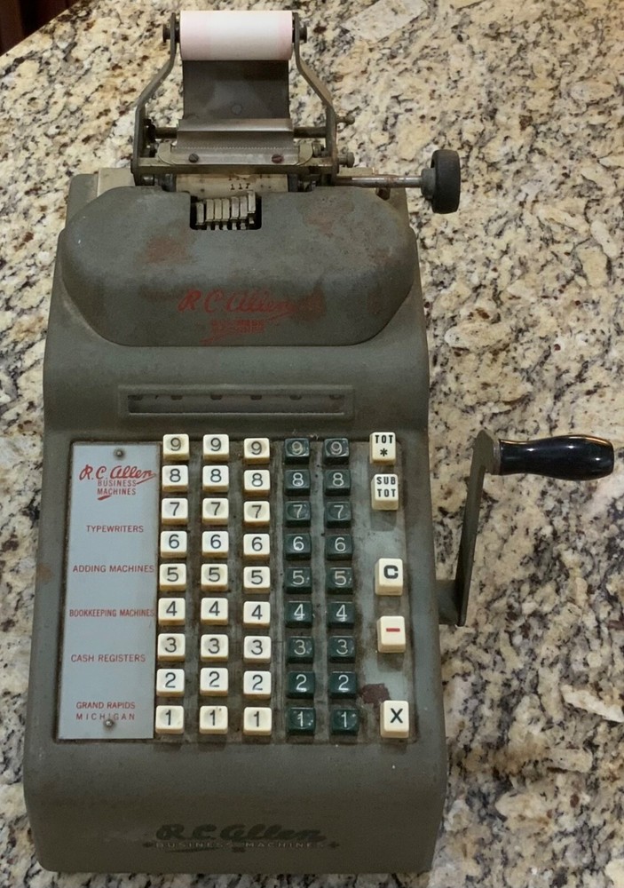 Vintage RC Allen Business Adding Machine Model Adding Machine with Hand Crank