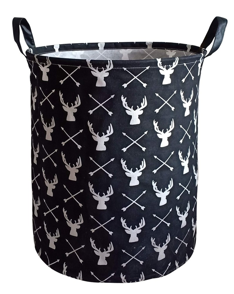 Round Laundry Hamper Deer Pattern Storage Organizer Basket Handles Bin Decor