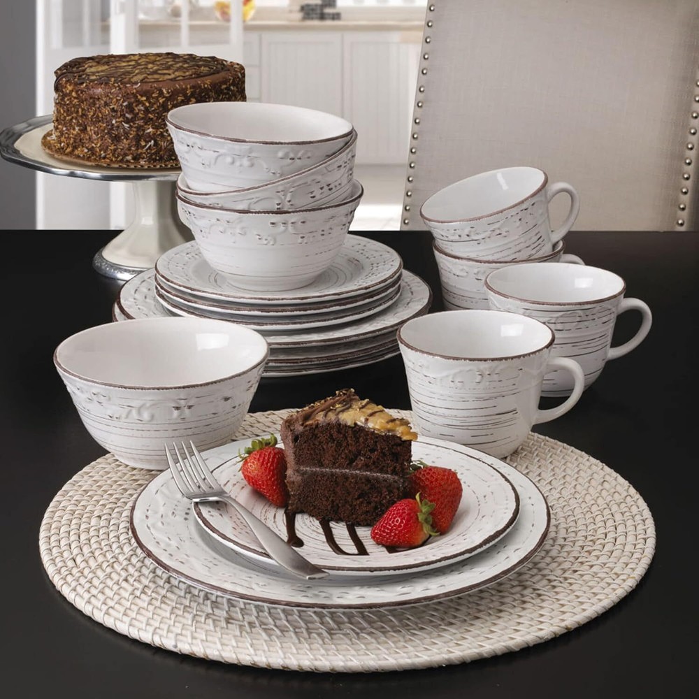 White 16-Piece Dinnerware Set, Serves 4, White Embossed
