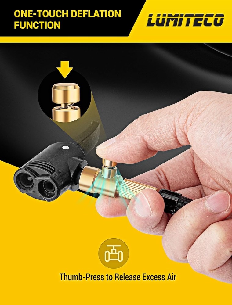 Locking Presta & Schrader Air Chuck with One-Touch Deflation for Efficient Use