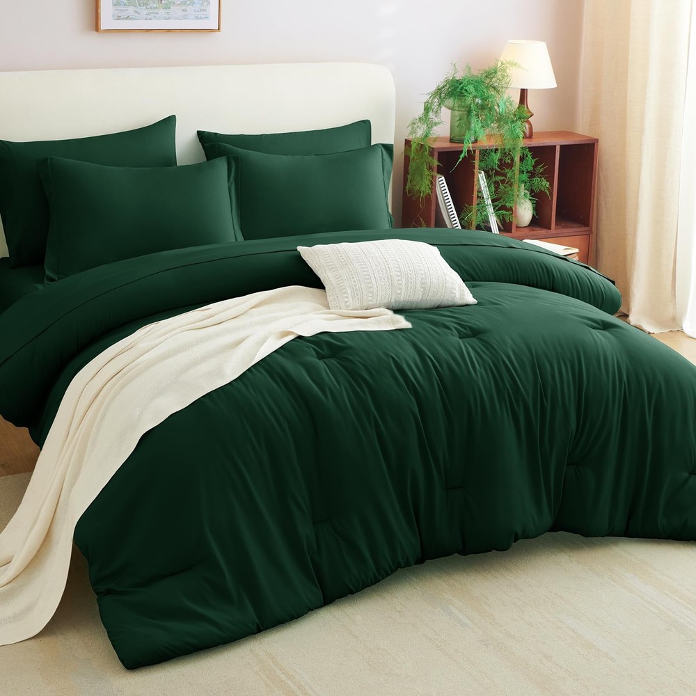 Queen Comforter Set Emerald Green 7 Pieces Bed in a Bag Bedding Comforter Set...